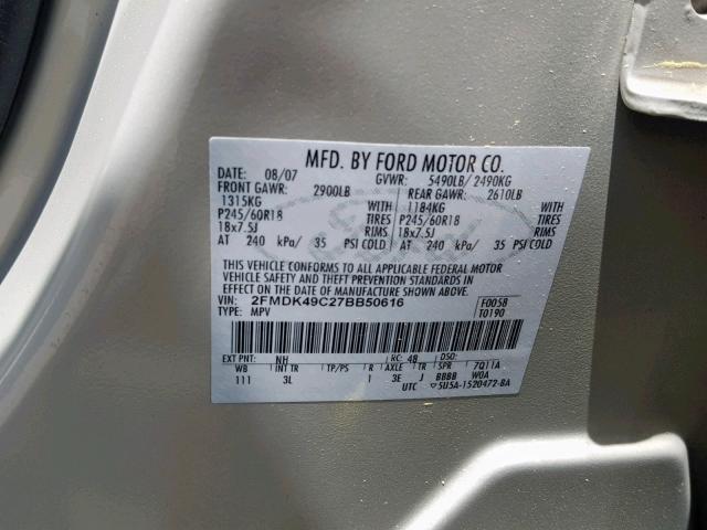 2FMDK49C27BB50616 - 2007 FORD EDGE SEL P GREEN photo 10