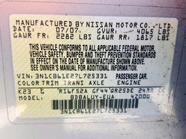 3N1CB61E27L725331 - 2007 NISSAN SENTRA SE- SILVER photo 10