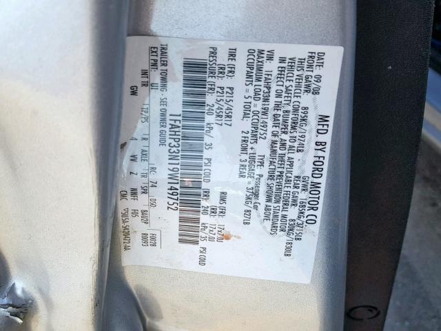 1FAHP33N19W149752 - 2009 FORD FOCUS SES SILVER photo 10