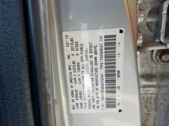 1HGCP2F48AA102741 - 2010 HONDA ACCORD LXP SILVER photo 10