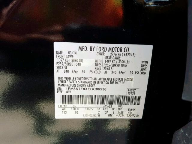 1FM5K7F8XEGC06538 - 2014 FORD EXPLORER L BLACK photo 10