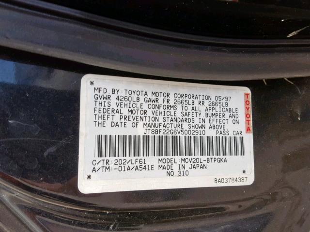 JT8BF22G6V5002910 - 1997 LEXUS ES 300 BLACK photo 10