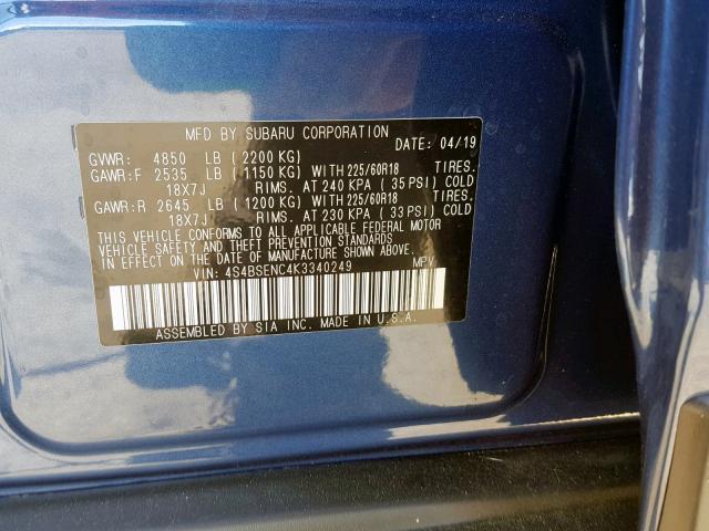 4S4BSENC4K3340249 - 2019 SUBARU OUTBACK 3. BLUE photo 10