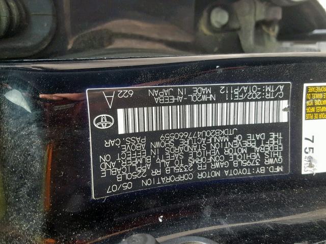 JTDKB20U477660559 - 2007 TOYOTA PRIUS BLACK photo 10