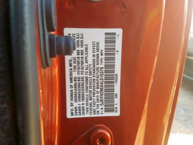 5J6YH286X4L015376 - 2004 HONDA ELEMENT EX ORANGE photo 10