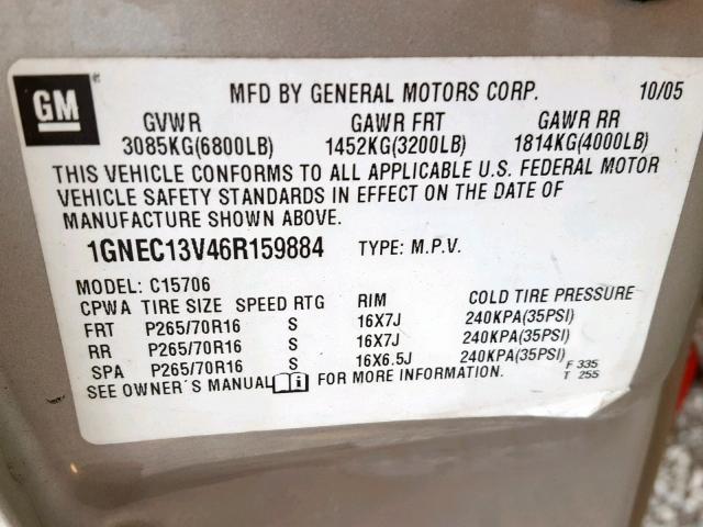 1GNEC13V46R159884 - 2006 CHEVROLET TAHOE C150 BEIGE photo 10