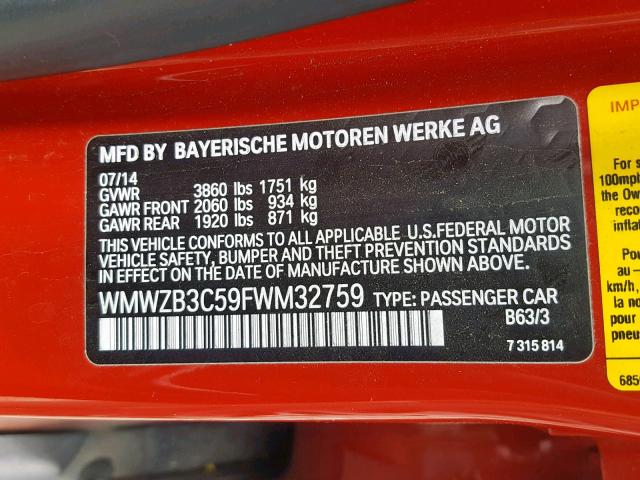 WMWZB3C59FWM32759 - 2015 MINI COOPER COU RED photo 10