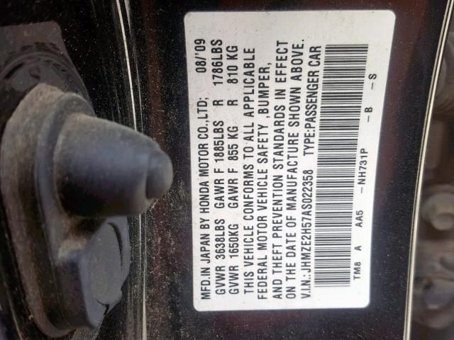 JHMZE2H57AS022358 - 2010 HONDA INSIGHT LX BLACK photo 10