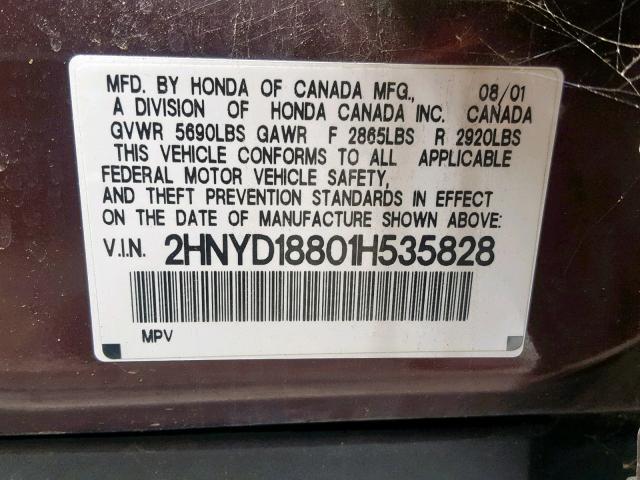 2HNYD18801H535828 - 2001 ACURA MDX TOURIN BURGUNDY photo 10