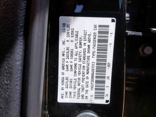 1HGCP26888A097313 - 2008 HONDA ACCORD EXL BLACK photo 10