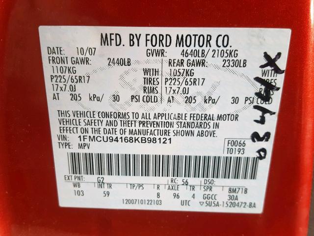 1FMCU94168KB98121 - 2008 FORD ESCAPE LIM RED photo 10