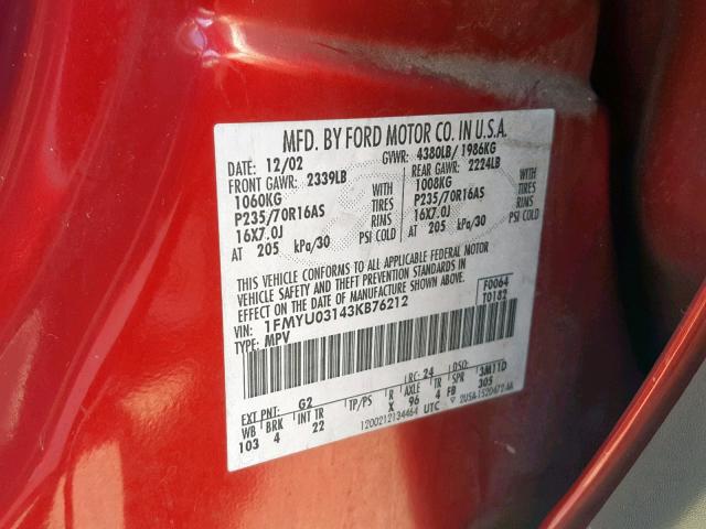 1FMYU03143KB76212 - 2003 FORD ESCAPE XLT RED photo 10