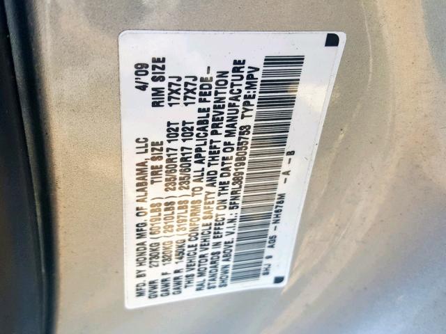 5FNRL38919B055753 - 2009 HONDA ODYSSEY TO SILVER photo 10