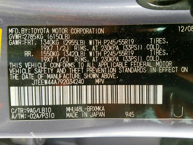 JTEEW44A792034240 - 2009 TOYOTA HIGHLANDER HYBRID LIMITED  photo 10