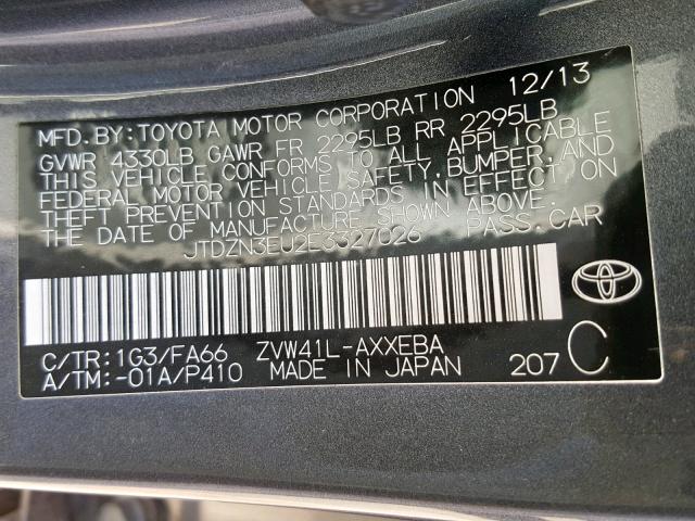 JTDZN3EU2E3327026 - 2014 TOYOTA PRIUS V GRAY photo 10