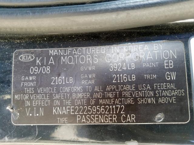 KNAFE222595621172 - 2009 KIA SPECTRA EX  photo 10