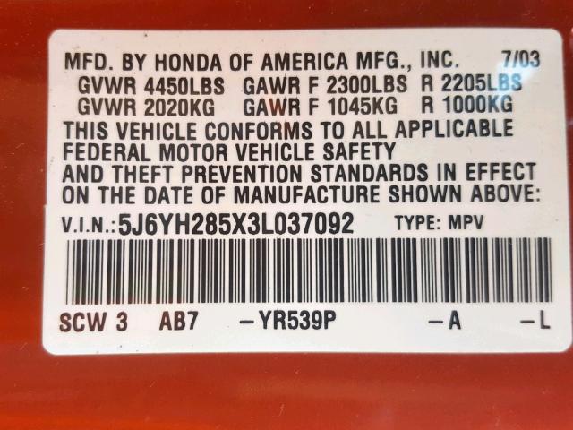 5J6YH285X3L037092 - 2003 HONDA ELEMENT EX ORANGE photo 10