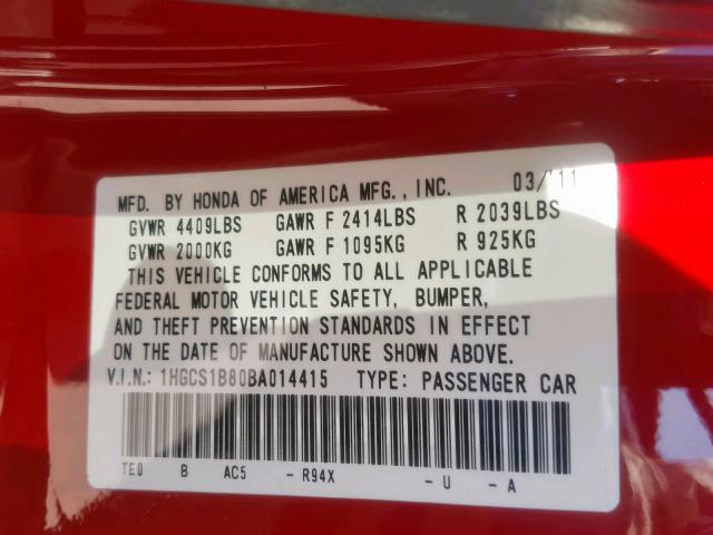 1HGCS1B80BA014415 - 2011 HONDA ACCORD EXL RED photo 10