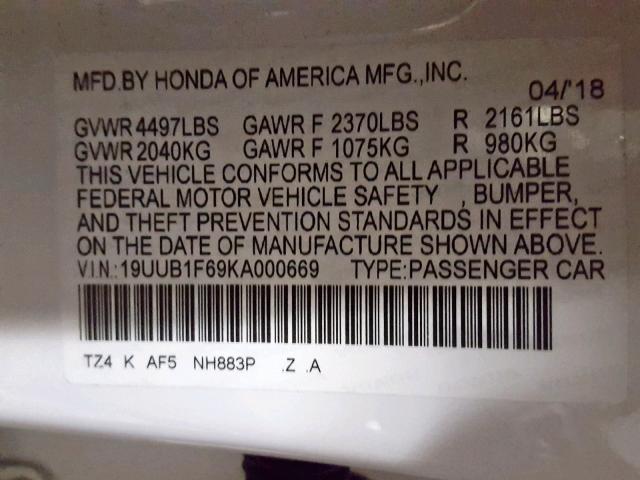 19UUB1F69KA000669 - 2019 ACURA TLX WHITE photo 10