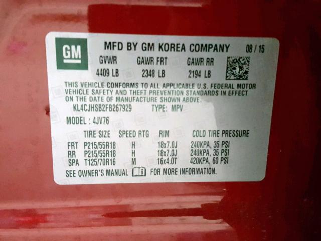 KL4CJHSB2FB267929 - 2015 BUICK ENCORE PRE RED photo 10