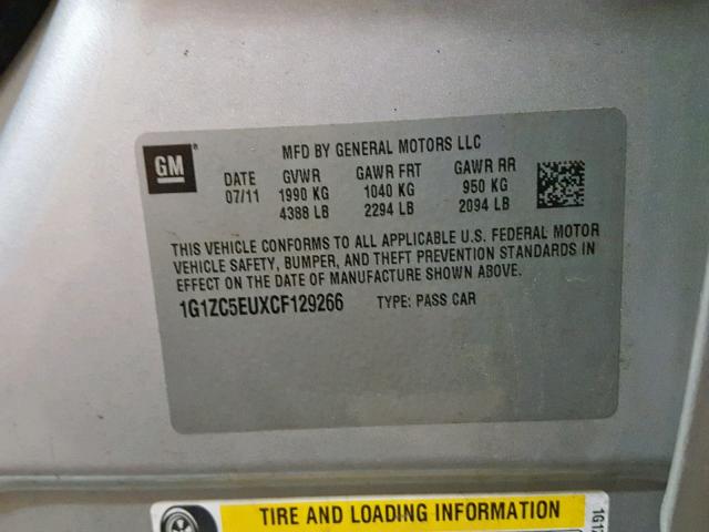 1G1ZC5EUXCF129266 - 2012 CHEVROLET MALIBU 1LT SILVER photo 10