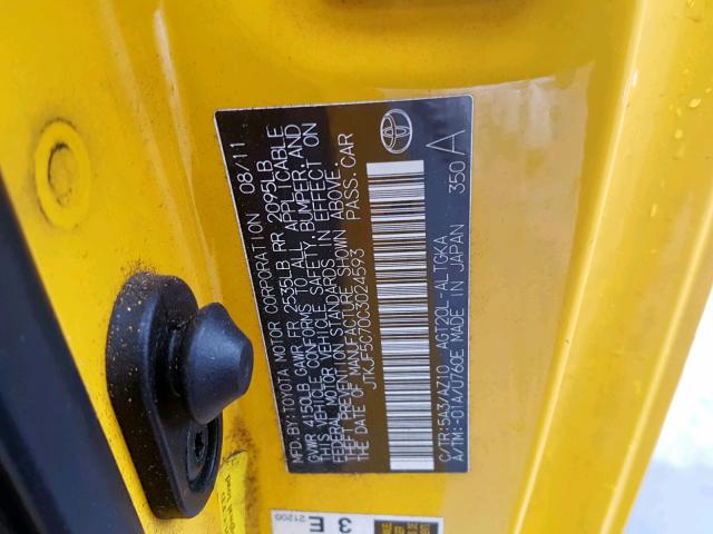 JTKJF5C70C3024593 - 2012 TOYOTA SCION TC ყვითელი ფოტო 10