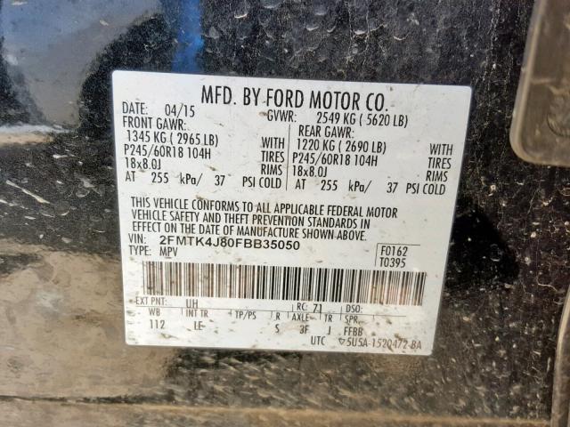 2FMTK4J80FBB35050 - 2015 FORD EDGE SEL BLACK photo 10