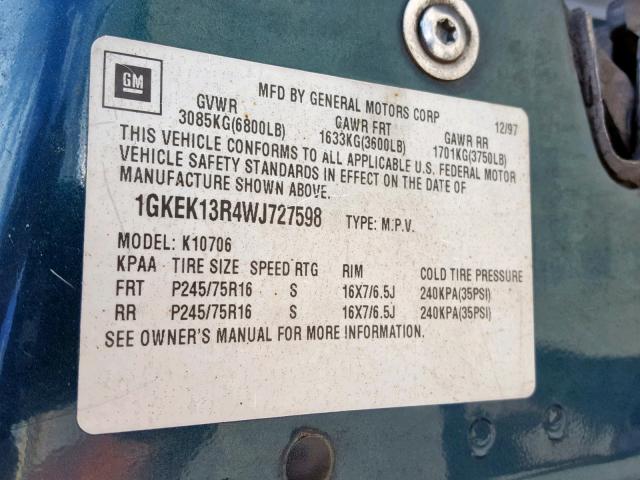 1GKEK13R4WJ727598 - 1998 GMC YUKON GREEN photo 10