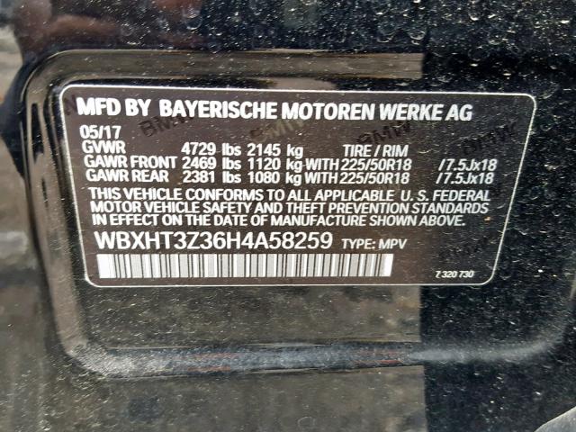 WBXHT3Z36H4A58259 - 2017 BMW X1 XDRIVE2 BLACK photo 10