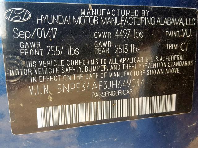 5NPE34AF3JH649044 - 2018 HYUNDAI SONATA SPO BLUE photo 10