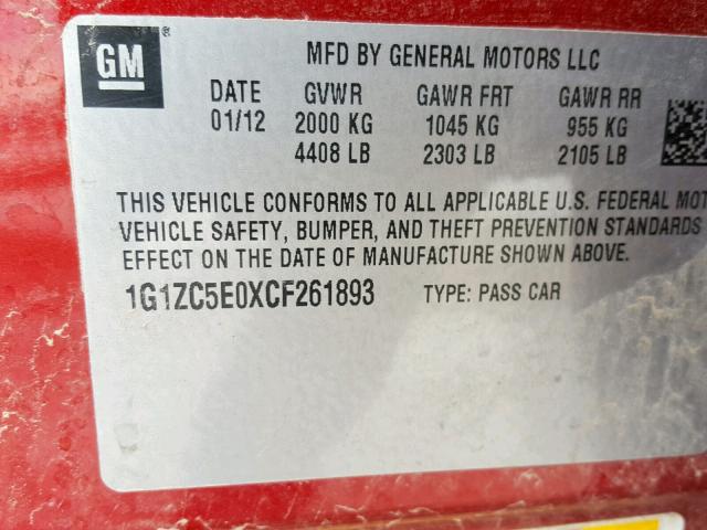 1G1ZC5E0XCF261893 - 2012 CHEVROLET MALIBU 1LT 红色 照片 10