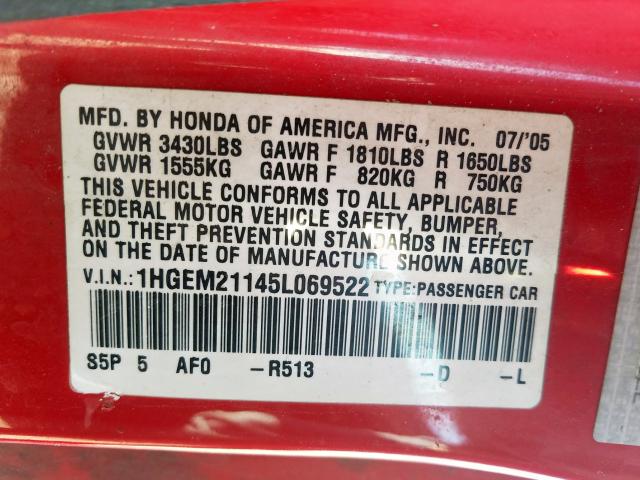 1HGEM21145L069522 - 2005 HONDA CIVIC DX VP  photo 10