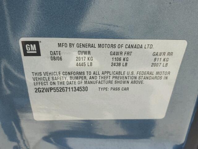 2G2WP552671134530 - 2007 PONTIAC GRAND PRIX TEAL photo 10