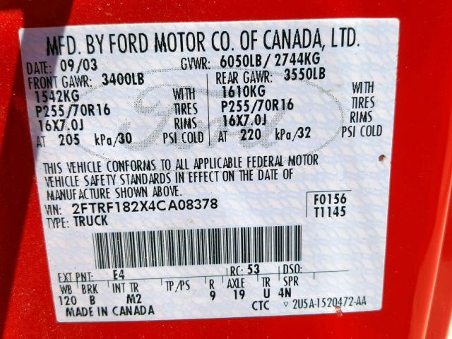 2FTRF182X4CA08378 - 2004 FORD F-150 HERI RED photo 10