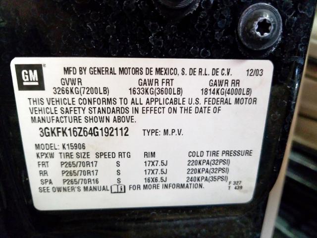 3GKFK16Z64G192112 - 2004 GMC YUKON XL K1500  photo 10