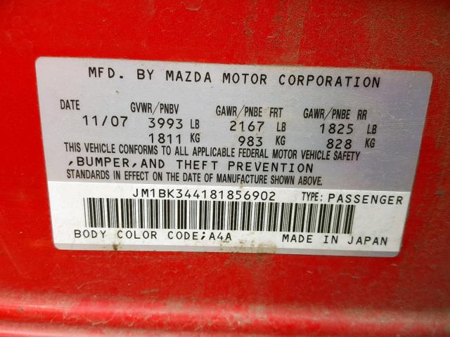 JM1BK344181856902 - 2008 MAZDA 3 HATCHBAC RED photo 10