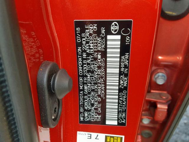 JTDKARFP5J3091815 - 2018 TOYOTA PRIUS PRIM 红色 照片 10