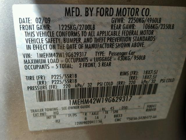 1MEHM42W19G629317 - 2009 MERCURY SABLE PREM TAN photo 10