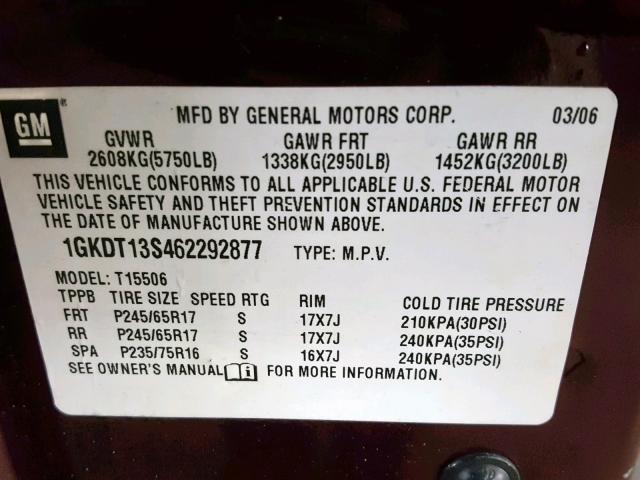 1GKDT13S462292877 - 2006 GMC ENVOY BURGUNDY photo 10