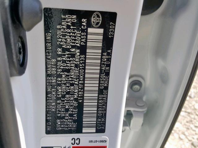 4T1BZ1FB4KU015136 - 2019 TOYOTA AVALON XLE WHITE photo 10