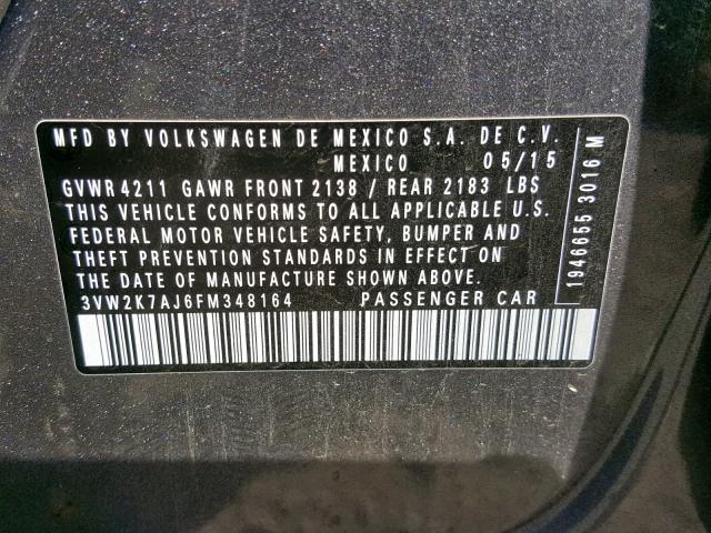 3VW2K7AJ6FM348164 - 2015 VOLKSWAGEN JETTA BASE GRAY photo 10