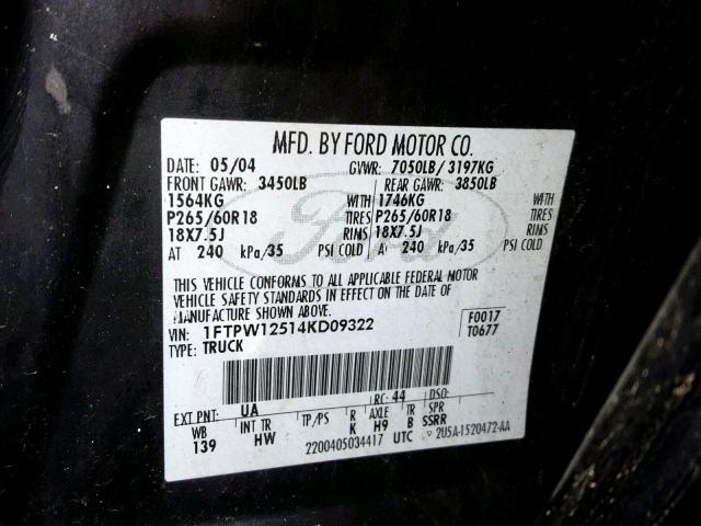 1FTPW12514KD09322 - 2004 FORD F150 SUPER BLACK photo 10