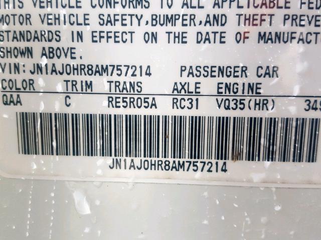 JN1AJ0HR8AM757214 - 2010 INFINITI EX35 BASE WHITE photo 10