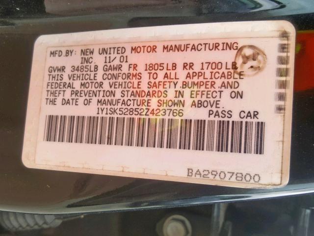 1Y1SK52852Z423766 - 2002 CHEVROLET GEO PRIZM 黑色 照片 10