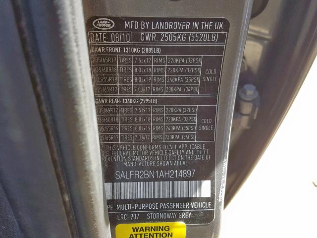 SALFR2BN1AH214897 - 2010 LAND ROVER LR2 HSE SILVER photo 10