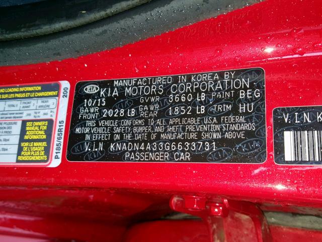 KNADN4A33G6633731 - 2016 KIA RIO EX RED photo 10