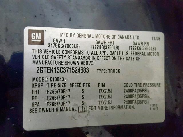 2GTEK13C371524883 - 2007 GMC NEW SIERRA BLUE photo 10