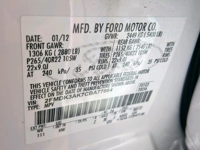 2FMDK3AK7CBA77864 - 2012 FORD EDGE SPORT WHITE photo 10