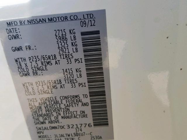 5N1AL0MN7DC321776 - 2013 INFINITI JX35 WHITE photo 10