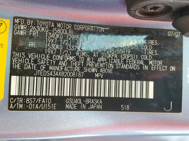 JTEDS43AX82008187 - 2008 TOYOTA HIGHLANDER BLUE photo 10